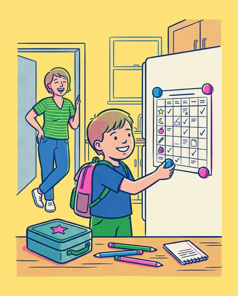 A child with a backpack sticking a printed weekly timetable on the fridge on the first morning of school