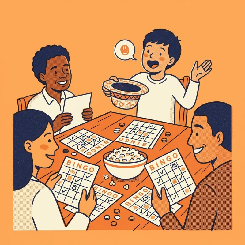 Friends at a games night table with printed bingo cards, counters and a bowl of popcorn while one calls numbers from a hat