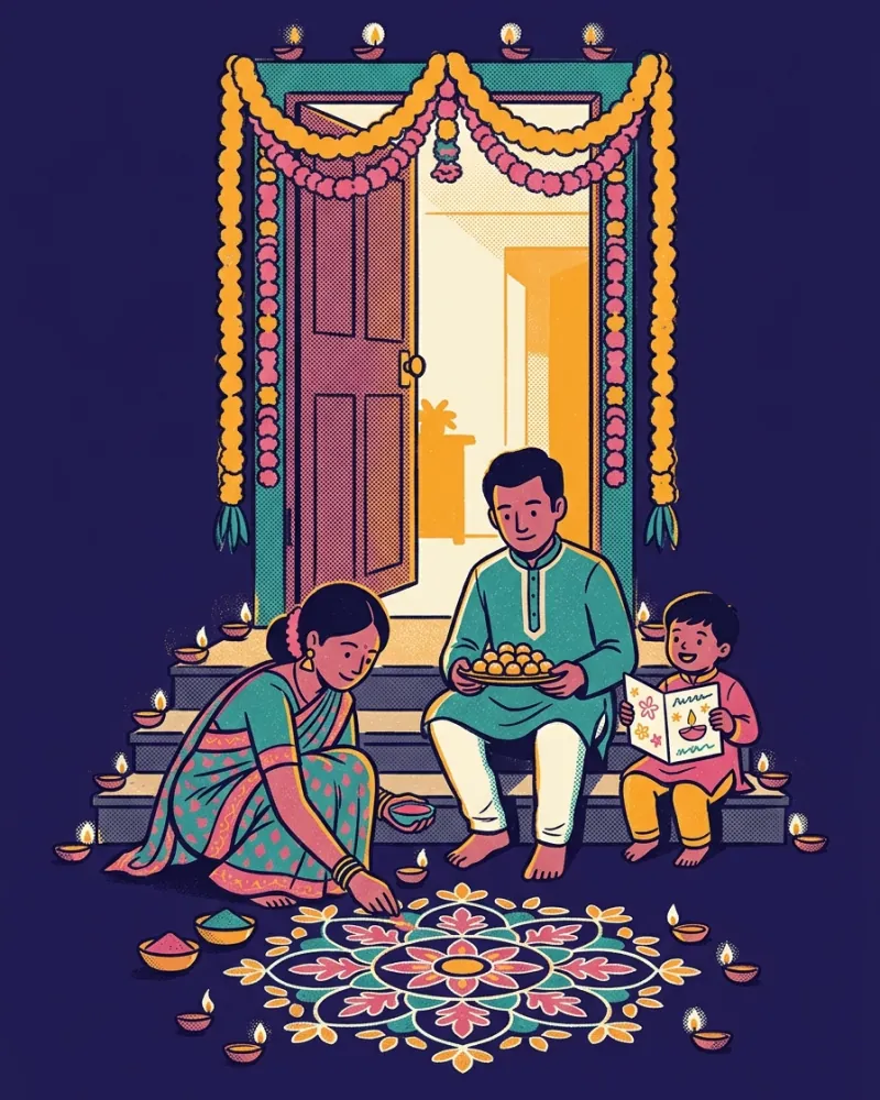 A family on their doorstep at dusk finishing a rangoli among glowing diya lamps, a child holding a printed greeting card