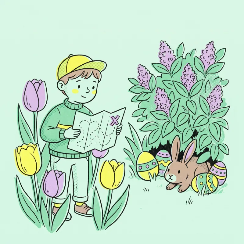 A child in a garden of tulips reading a printed egg hunt map while a bunny peeks out beside painted eggs