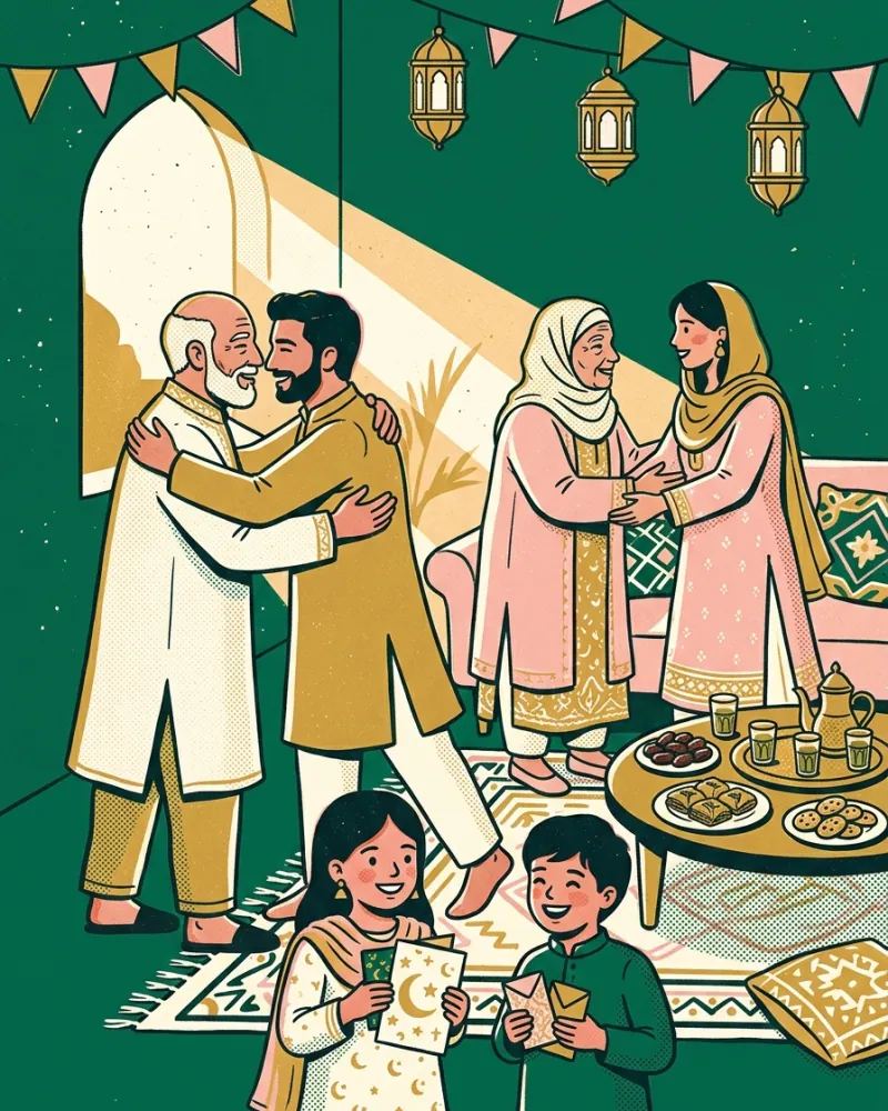Relatives greeting each other in festive clothes while children hold handmade printed cards