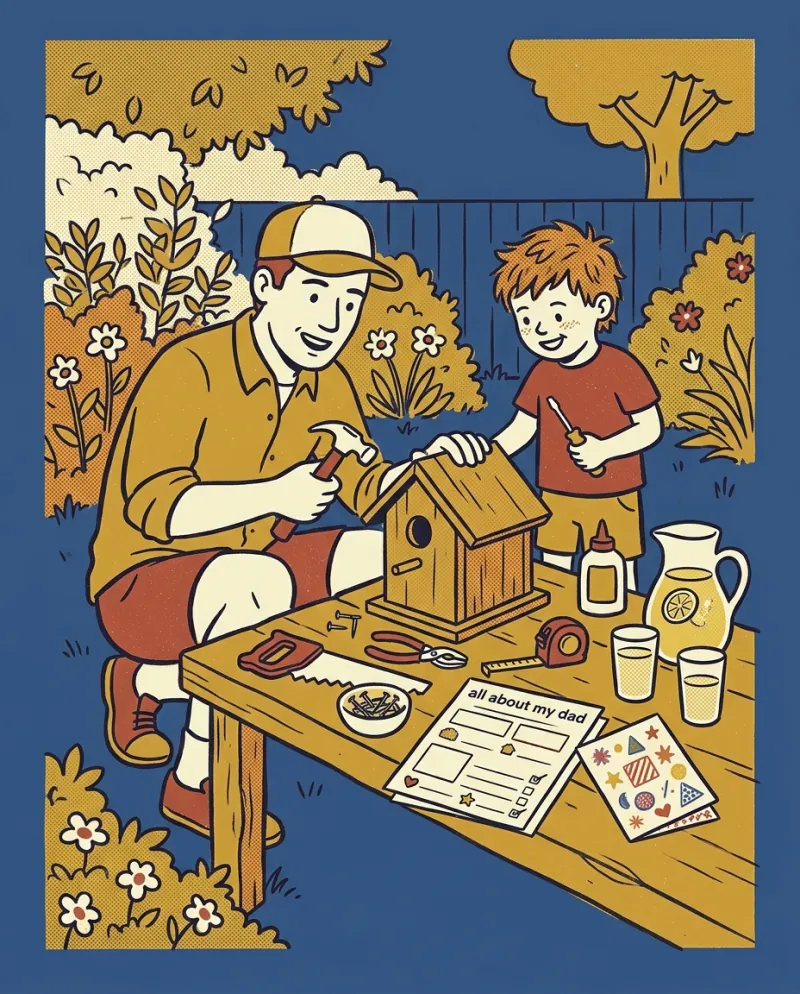 A dad and child building a birdhouse in the garden, a printed all about my dad page on the workbench