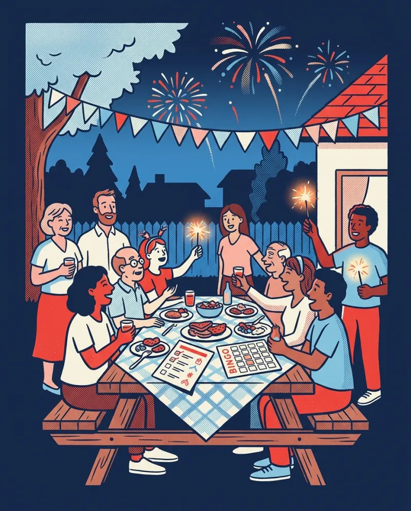 Neighbours at a backyard picnic at dusk with sparklers, a printed bingo card on the table and fireworks overhead