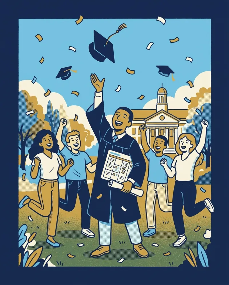 A graduate throwing a cap in the air with friends on a sunny campus lawn