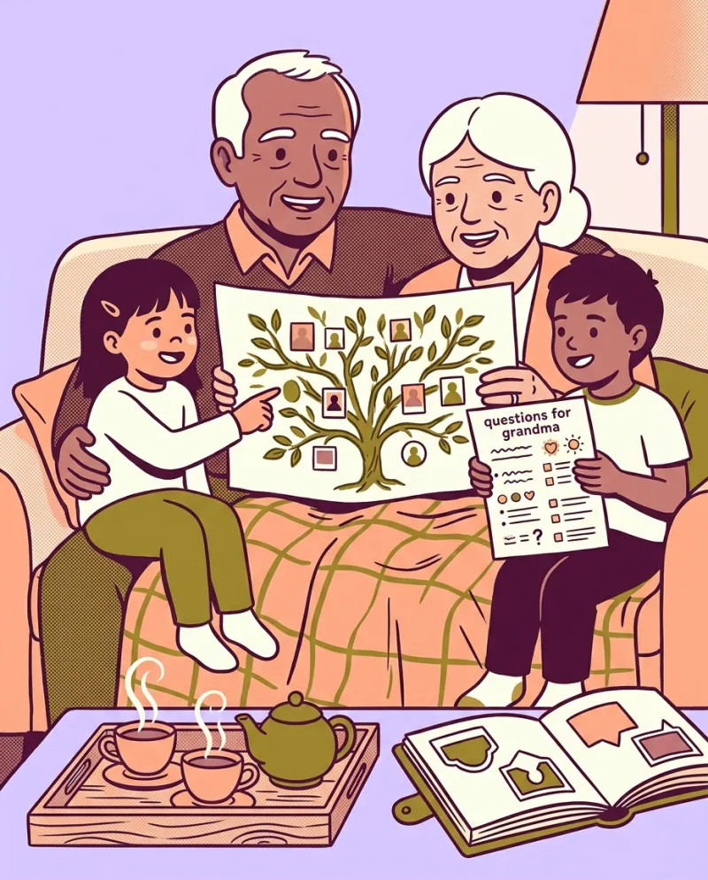 Grandparents and grandkids on a sofa looking at a printed family tree and an interview page