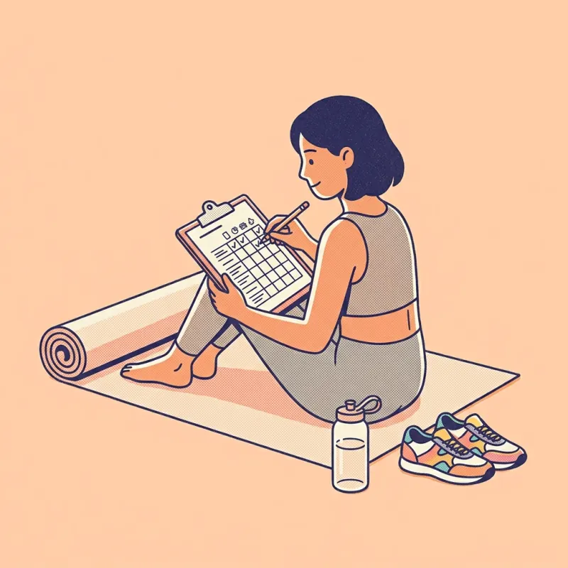 A person on a yoga mat ticking off a printed habit tracker on a clipboard