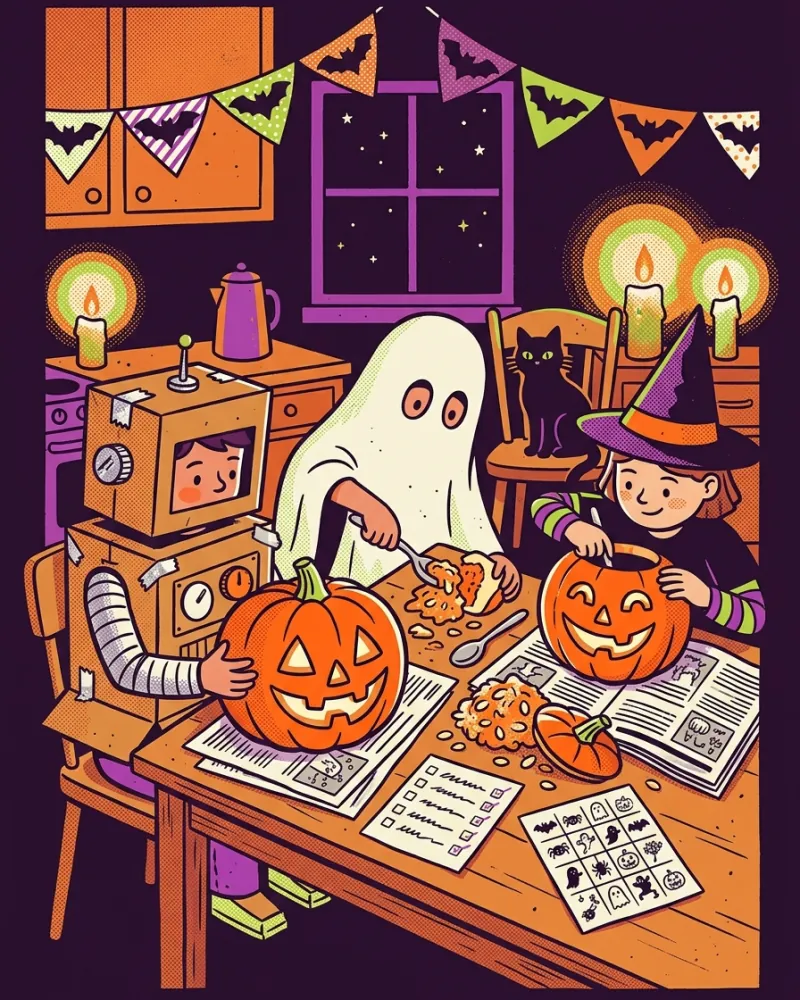 Kids in homemade robot, ghost and witch costumes carving pumpkins at a kitchen table, with a printed party checklist and bingo cards