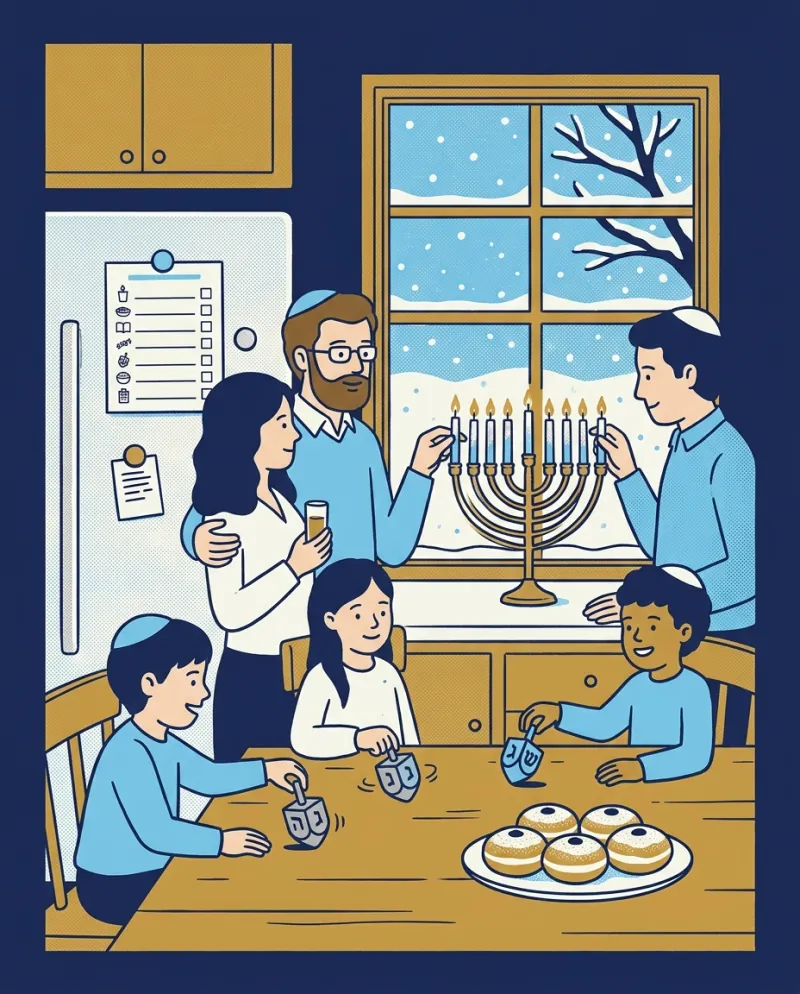 A family lighting the menorah by a snowy window while children spin dreidels, a printed planner on the fridge