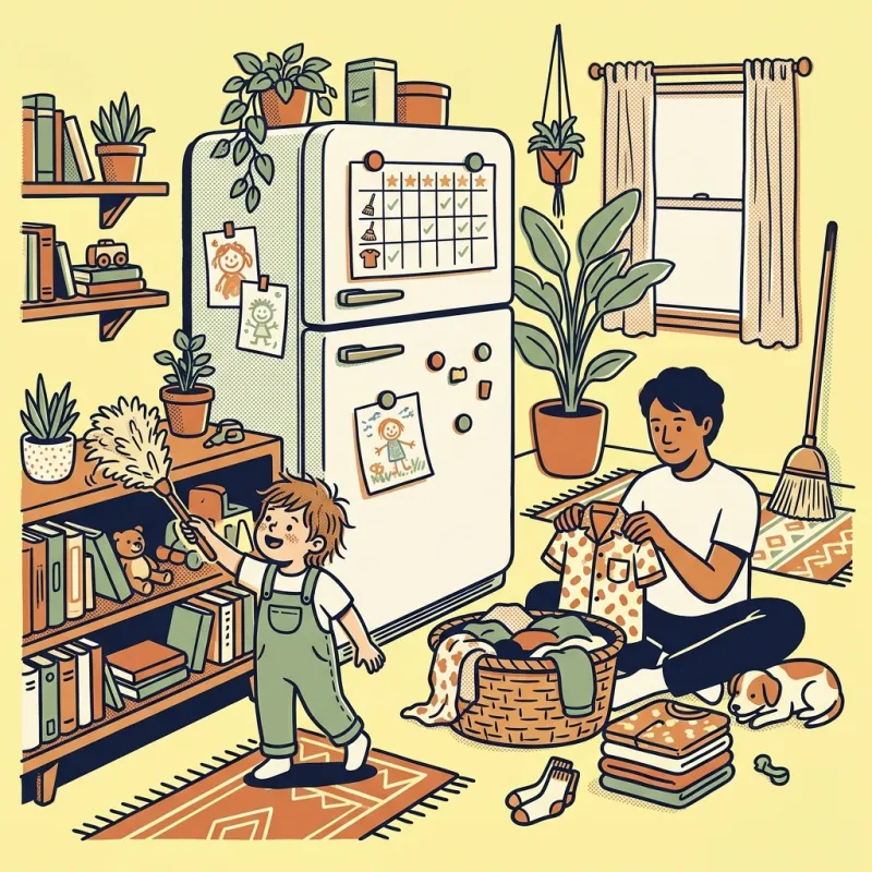 A parent folding laundry while a small child dusts the shelves, a printed chore chart on the fridge