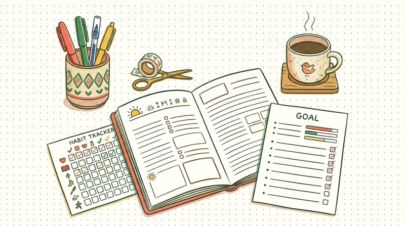 An open printed planner, a habit tracker and a goal sheet on a desk with pens and a cup of coffee