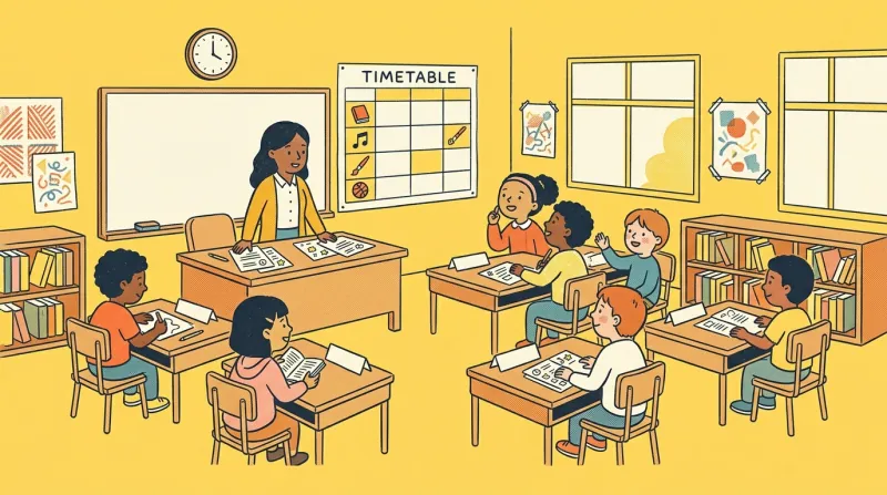 A bright classroom with a teacher, kids at desks with printed worksheets and a timetable on the wall