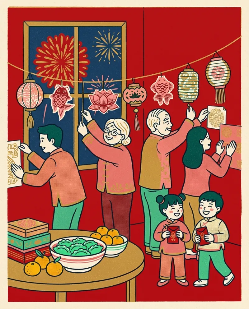 A family hanging paper lanterns and decorations, children holding red envelopes beside a bowl of oranges