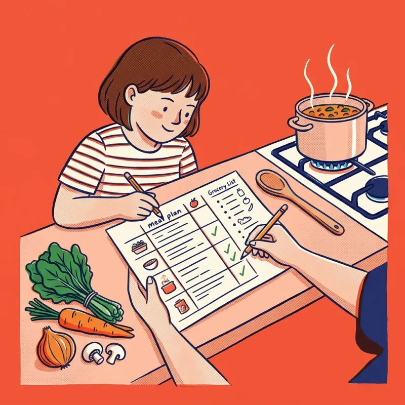 A child and a parent filling in a printed weekly meal plan and grocery list at the kitchen counter, soup on the stove