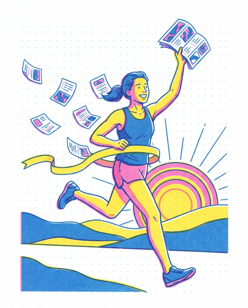 A runner breaks through a finish line ribbon holding a printed planner above her head as pages fly behind her