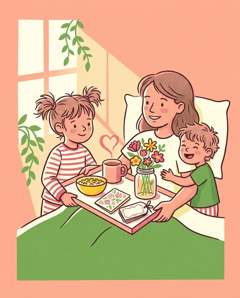 Two children bringing breakfast in bed to their mum, with a handmade printed card and a jar of flowers on the tray