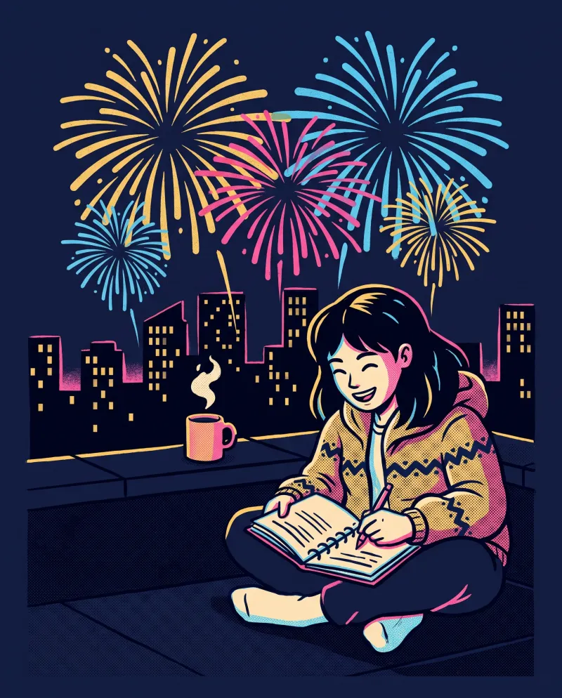 A smiling person writes in a planner on a rooftop at midnight while fireworks burst over the city