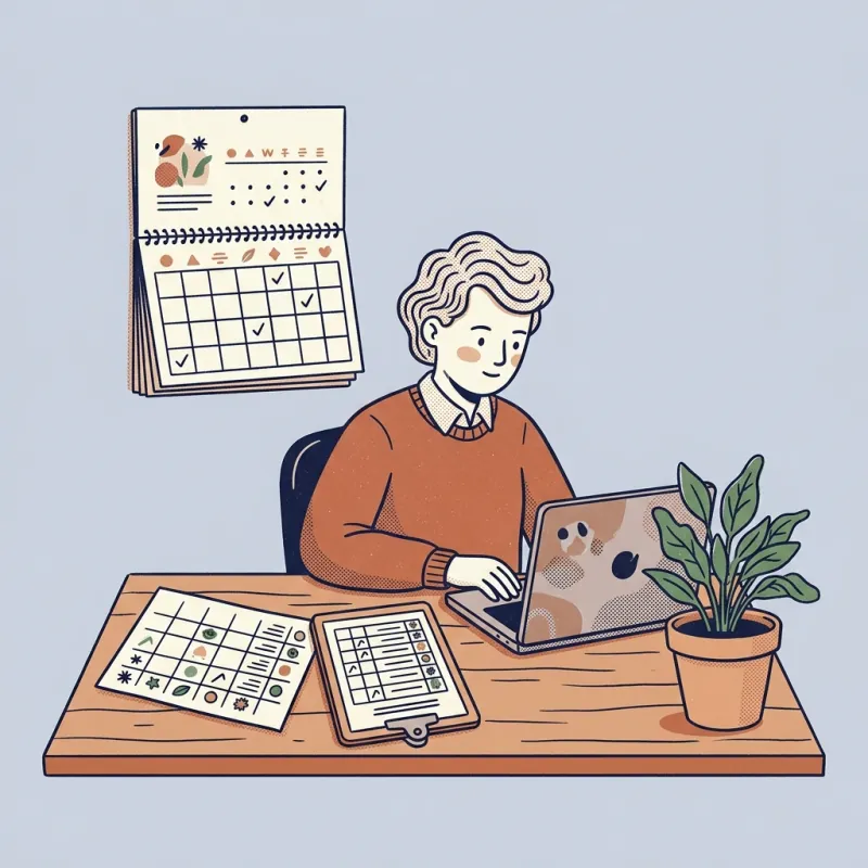 A small business owner at a tidy desk with a printed weekly schedule, a sign-in sheet on a clipboard and a wall calendar