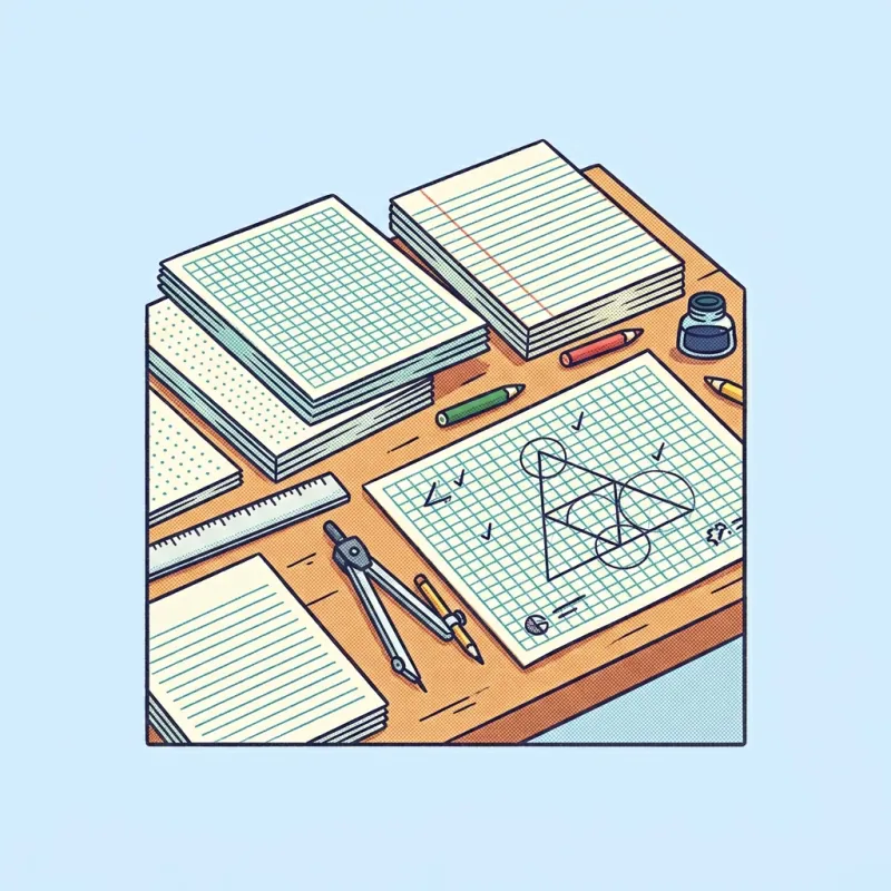 A desk with stacks of printed graph, dot and lined paper, a ruler, a compass and a geometric drawing