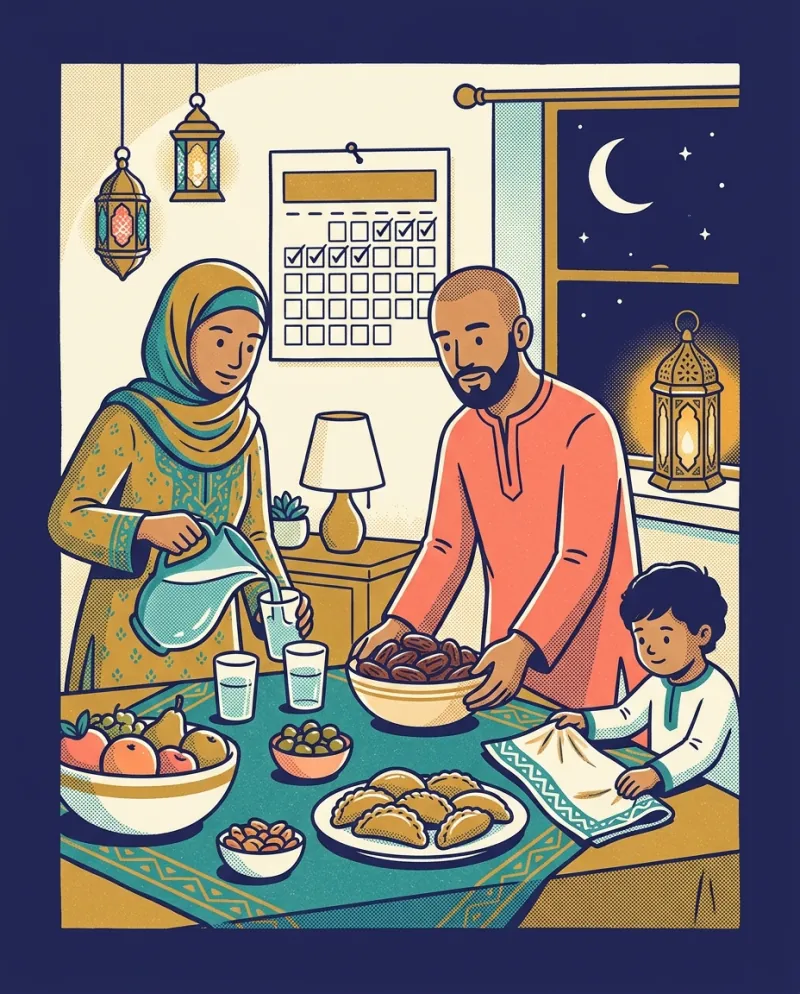A family preparing iftar with dates, water and fruit under lanterns, a printed 30-day calendar on the wall and a crescent moon outside