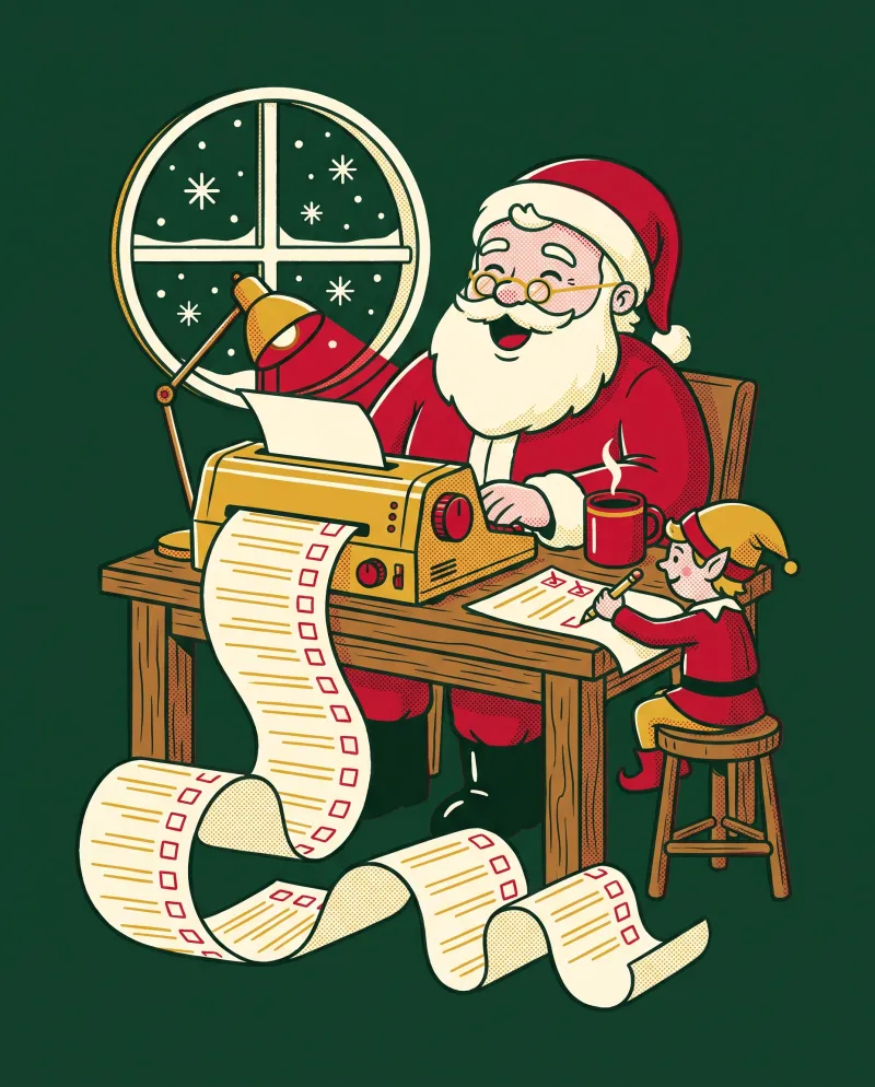 Santa Claus laughing at his workshop desk as a long printed wish list pours out of his printer, while an elf ticks off items