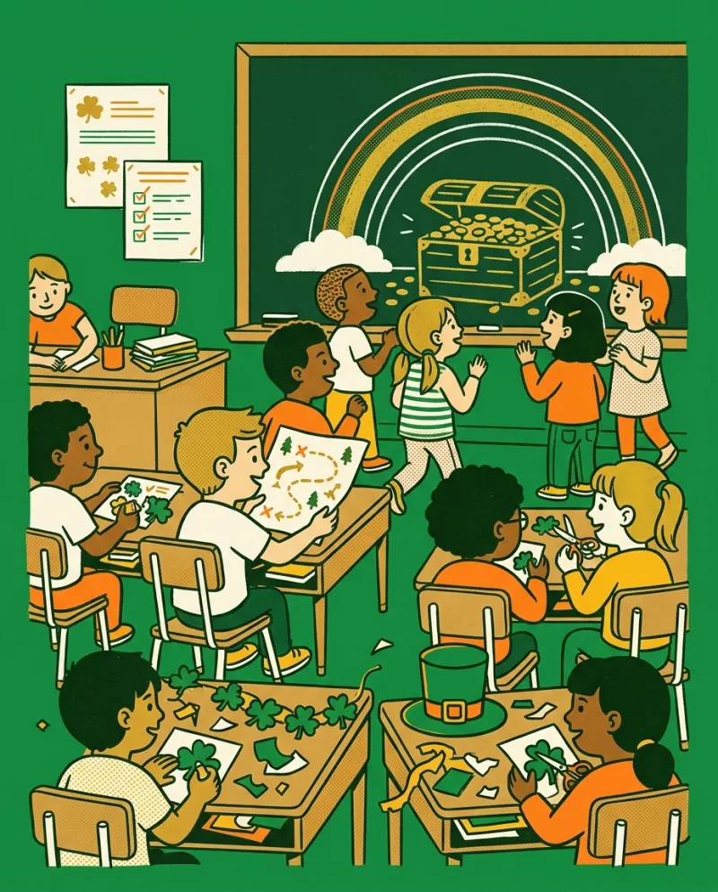 A classroom of kids making paper shamrocks and following a printed treasure map to a pot of gold