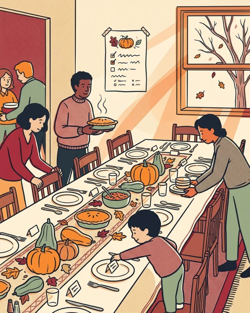 Family and friends laying a long dinner table while a child sets out printed place cards