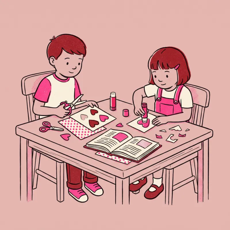 Two children at a table cutting out paper hearts and gluing together handmade valentines